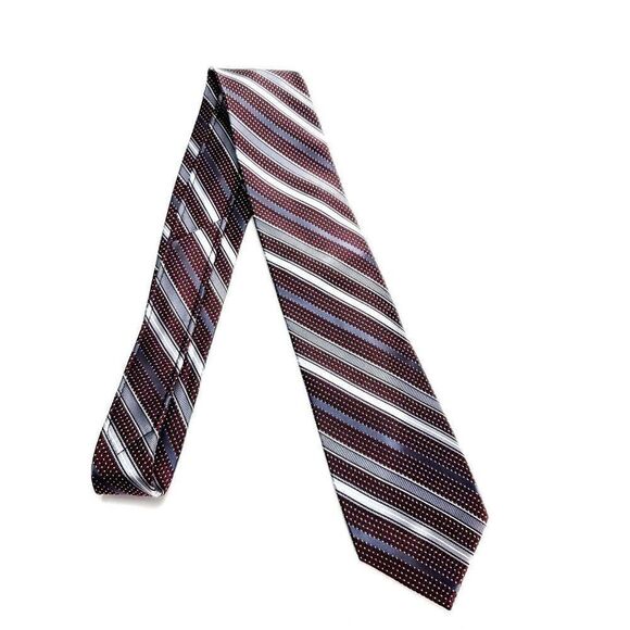 Pronto Uomo Silk Tie Woven Red Silver Striped Polka Dot Skinny - Picture 6 of 6